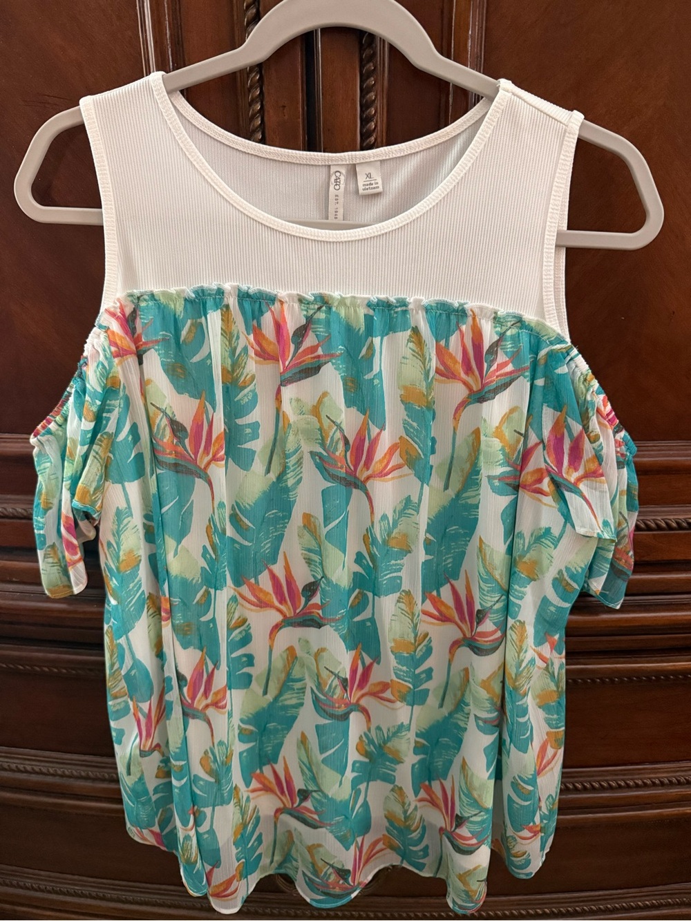 Tropical Floral Cold-Shoulder Top in Teal & Coral